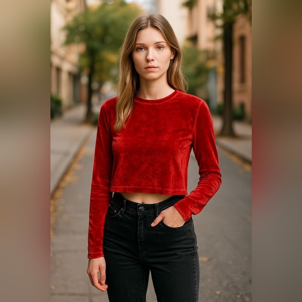 H&M Red Crushed Velvet Long Sleeve Top